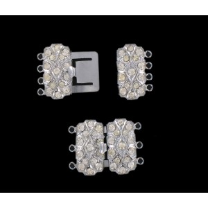 Nickel plated fastener four raws with crystal stones, 20x22 mm