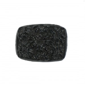 Barrel shaped cabochon with embossed flowers, black 36x27 mm