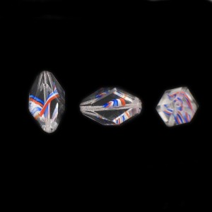 Cut facets olive, striations pattern, crystal and blue white orange 18x9 mm