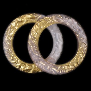 Ring with embossed pattern, white opal gilded 40 mm