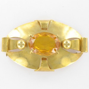 Oval brooch with topaz stone, gilded 59x35 mm