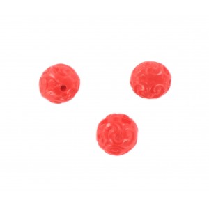 Perle ronde motifs arabesques en relief, rouge 12 mm