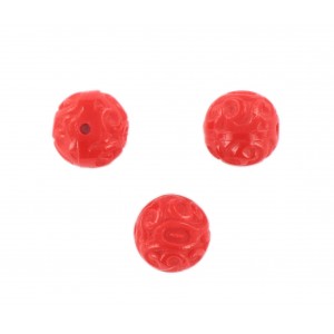 Round bead with embossed arabesque pattern, red 14 mm
