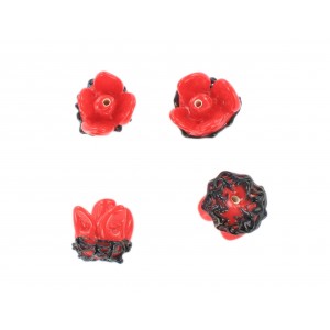 Flower bead, coral red black 12x15 mm