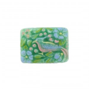 Rectangular painted cabochon with embossed bird, green 33x24 mm