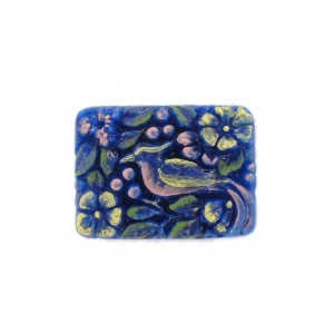 Cabochon rectangle peint avec oiseau en relief, lapis 33x24 mm