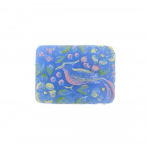 Cabochon rectangle peint avec oiseau en relief, bleu clair 33x24 mm