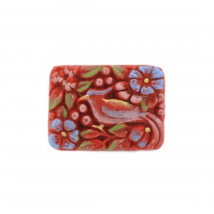 Rectangular painted cabochon with embossed bird, rust-colored 33x24 mm