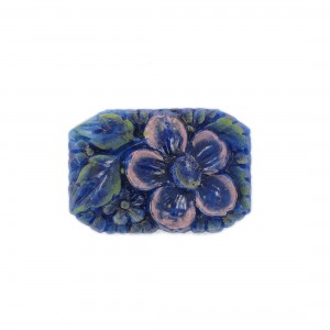 Cabochon rectangle peint avec fleur en relief, lapis 34x23 mm