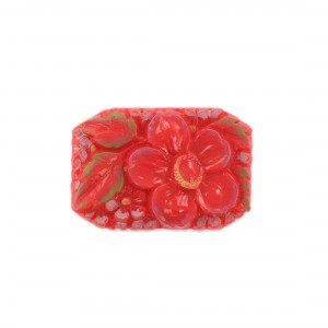 Cabochon rectangle peint avec fleur en relief, corail 34x23 mm