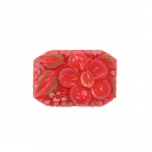 Rectangular painted cabochon with embossed flower, coral 34x23 mm