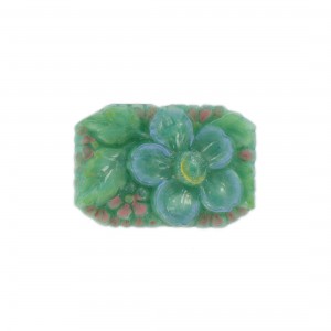 Cabochon rectangle peint avec fleur en relief, vert clair 34x23 mm